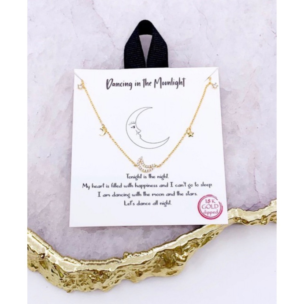 Moon Star Necklace 18” Gold Dipped Brass CZ Cubic